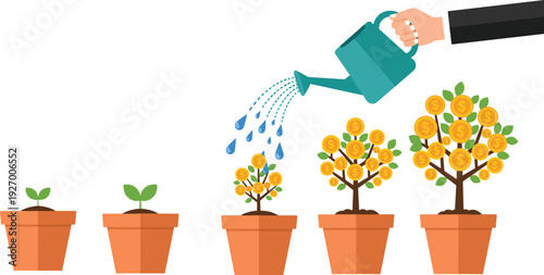 Investment growth concept with money tree growing in pots and watering can isolated on white background business vector illustration
