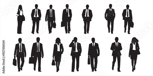 Business people silhouettes vector set, men and women walking standing and shaking hands, corporate team collection isolated on white background