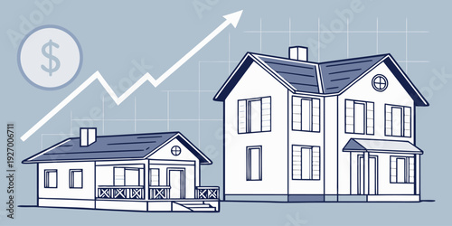 Real estate investment growth concept, rising interest rates, laptop analytics, house icons, upward financial chart, modern housing market strategy and digital research.