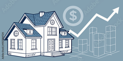 Housing industry growth illustration with upward graph, rising interest rates, person working digitally, smart real estate investment and economic forecasting.