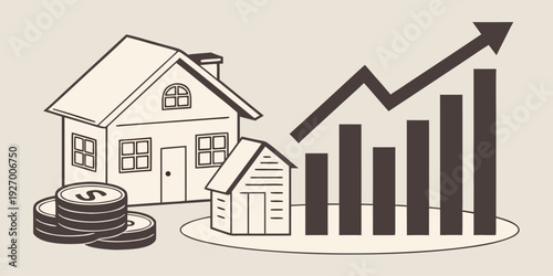 Tablou pe pânză Modern real estate analytics concept showing upward property trends, rising rates, laptop work, house icons, financial growth and smart investment planning