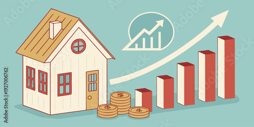 Property investment and housing trends illustration, laptop user analyzing real estate growth, rising interest rates, upward chart, modern financial technology concept.