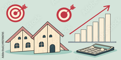 Real estate market growth concept with rising interest rates, person using laptop, upward graph and house icons, property investment and housing trend analysis.