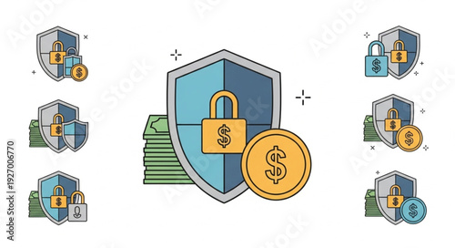 Financial security concept with shield, padlock, money, and coin, protecting assets.
