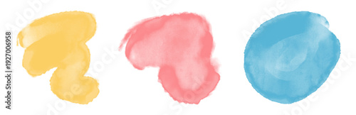 Watercolor stain decoration. blue yellow pink colored splatter brush