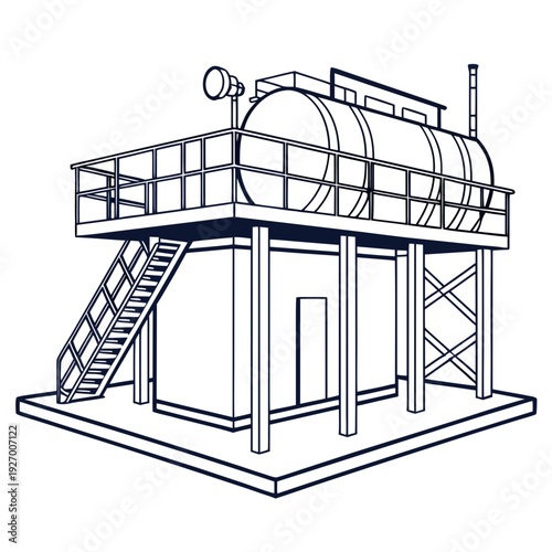 A detailed drawing of an industrial structure with a platform and staircase