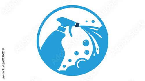 Blue graphic of a spray bottle and cleaning splashes on a circular background