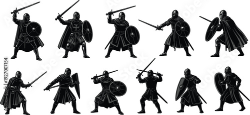 Medieval knight warrior silhouettes set with sword and shield in combat poses isolated vector illustration fantasy history battle concept