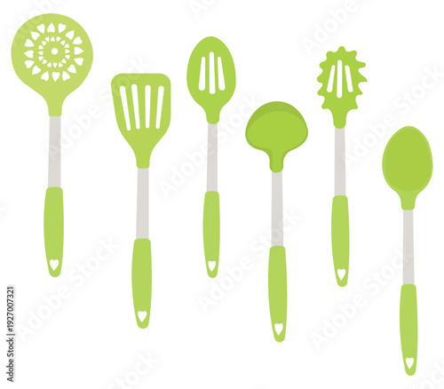 Green kitchen utensils vector set with spatula spoon and skimmer