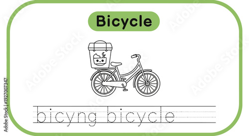 Bicycle tracing worksheet for kids. Learning to write.