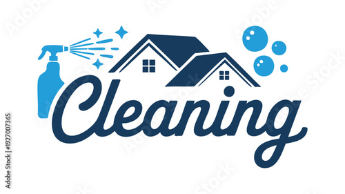 Professional cleaning service logo with house and cleaning supplies