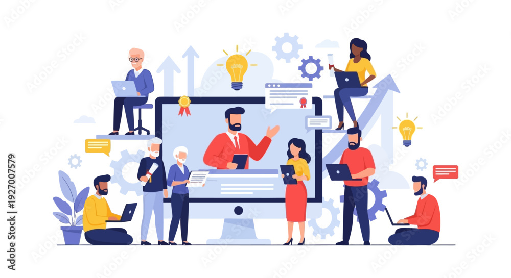 Fototapeta premium E-Learning and Webinar Training Platform. Diverse Business Team Receiving Online Education, Professional Development, and Skill Certification.