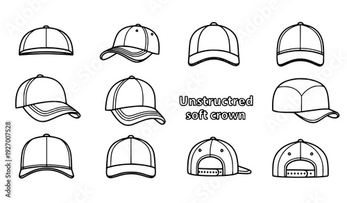 Black Line Baseball Cap Icons Pack with Adjustable Strap and Curved Visor Vector Illustration