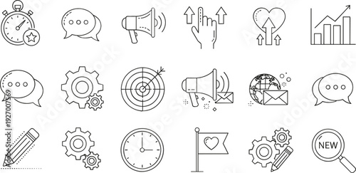 Business Strategy and Marketing Line Icons Set for Targeting, Communication, Growth, and Analytics in Digital Platforms