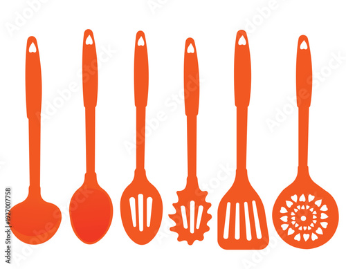 Orange kitchen utensils vector set with spoon spatula and skimmer