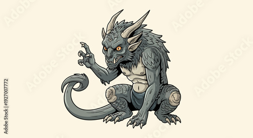 Mythical Gray Dragon Creature Squatting in a Menacing Pose on an Isolated Beige Background