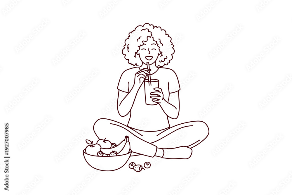 Obraz premium Happy African American girl enjoys fresh green smoothie made of healthy fruits and berries. Coloring book illustration promotes healthy habits, organic food, and wellness for better skin.