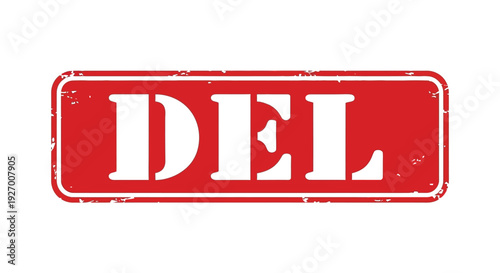 A bold red rectangular stamp displays the letters del in a stark white silhouette high quality professional detailed