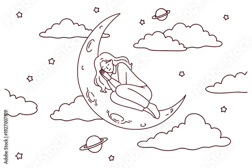Female character sleeping on a crescent moon among clouds and planets. Black and white line art of sweet dreams and World Sleep Day relaxation for creative coloring books.