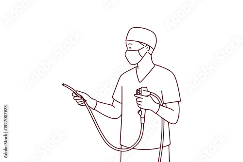 Doctor in medical scrubs and mask prepared for a screening. Line art of professional healthcare specialist with endoscopy equipment to detect cancer and polyps for coloring.
