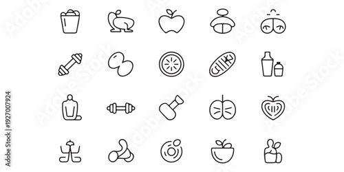 Set of 20 wellness line icons, modern pictogram collection, healthy living sketch vector illustrations