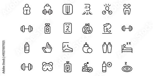 Set of 24 wellness line icons, modern pictogram collection, healthy living sketch vector illustrations
