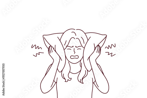 Irritated woman trying to sleep while blocking noise with pillows. Black and white outline of sleep disturbance, stress, and noise pollution for adult coloring pages about daily struggles.