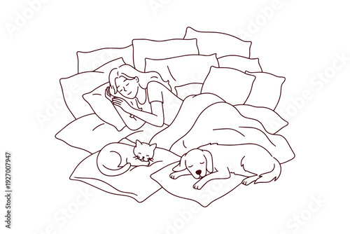 Happy woman sleeps on many pillows with her best friends cat and dog for World Sleep Day. Coloring page showing peaceful dreams, comfort, and friendship between human and domestic animals.