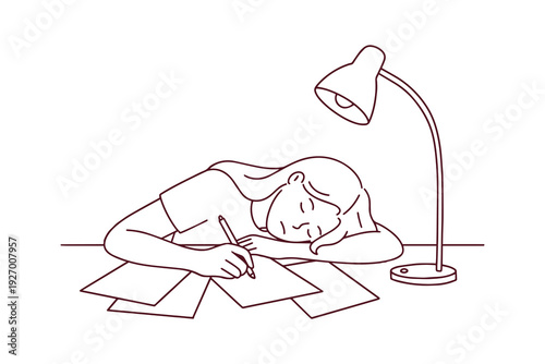 Tired girl falls asleep at her study desk while preparing for final exams or university entrance. Coloring book page depicts education burnout, academic pressure, and extreme student fatigue.