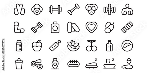 Assorted icons for health and fitness including weights, food, and personal care