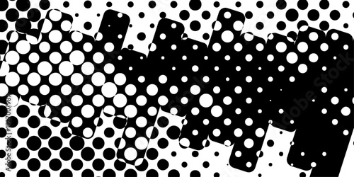 Abstract black and white halftone dot pattern, geometric pop art background with distorted circles and grid texture for edgy modern design.