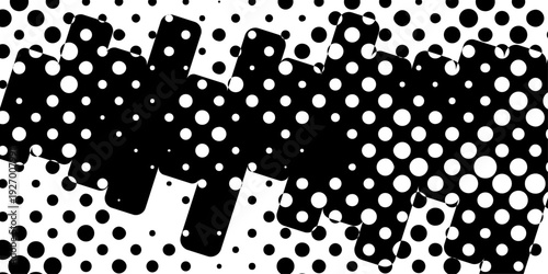 Abstract black and white halftone dot pattern, geometric pop art background with distorted circles and grid texture for edgy modern design.
