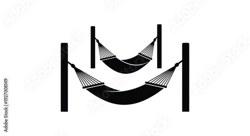 A minimalist depiction of two stacked hammocks suspended between posts presented as a silhouette high quality professional detailed