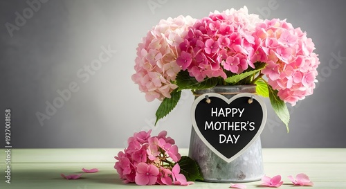 Happy mothers day background with pink hydrangeas and heart design