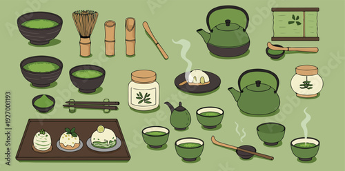 Matcha Tea Ceremony Illustration Set – Japanese Green Tea Utensils, Matcha Powder, Teapot and Traditional Sweets