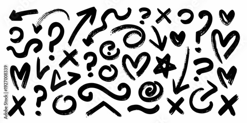 Collection of black hand drawn symbols arrows and abstract shapes