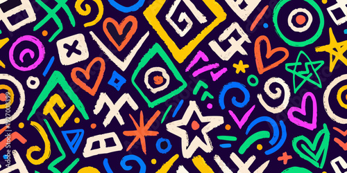 Colorful doodle pattern with hearts stars and abstract shapes