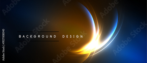 Abstract design features vibrant blue, orange glows. Dynamic curves create futuristic feel. Dark background emphasizes bright elements.