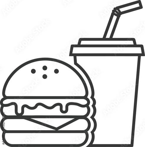 Double cheeseburger paired next to a large soda cup with a straw is depicted in a bold black outline style for graphic design purposes.