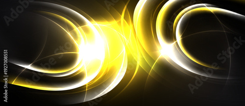 Bright yellow, white curves dominate black background. Dynamic energy radiates from central light source. Abstract design evokes motion, power.