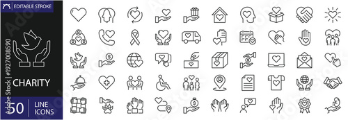 Charity related icon collection. Containing donation, community support, fundraising, volunteering, healthcare, shelters, and helping hands. Perfect for infographics. Editable stroke. Outline icons.