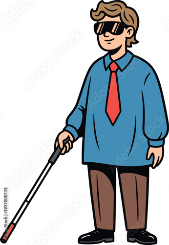 Caucasian man with a white cane and sunglasses standing