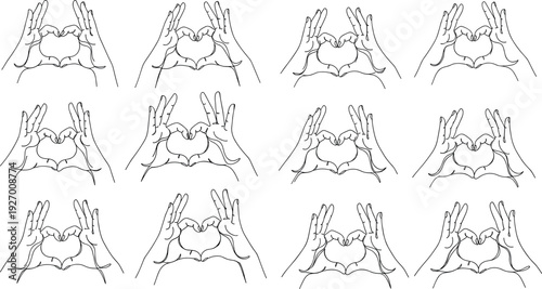 A set of hands making various gestures in a line drawing style