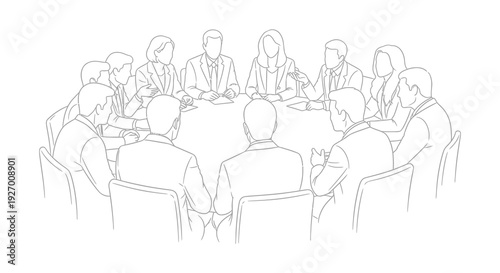 A group of professionals engaged in a circular meeting depicted as a clean outline silhouette high quality professional