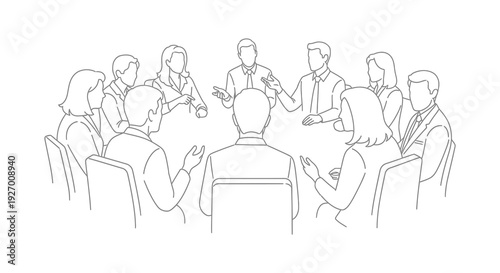 A group of business professionals engaged in a meeting around a circular table silhouette high quality professional detailed