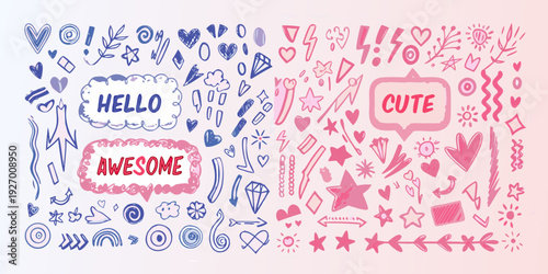 Colorful doodle collection with handwritten words and various whimsical shapes