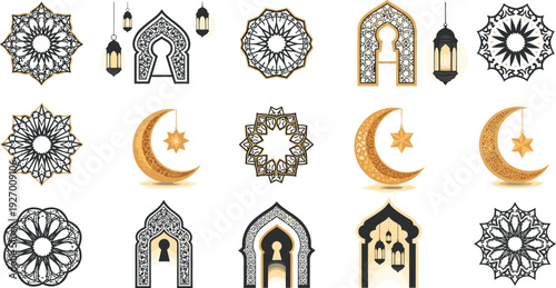 Islamic ramadan kareem decorative icons set with crescent moon