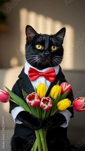 Black cat in tuxedo holding bouquet of tulips indoors  