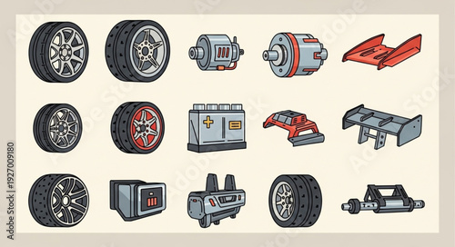 Collection of various car parts and components for automotive repair and maintenance.