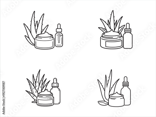 Aloe vera skincare products with jar and dropper bottle set illustration